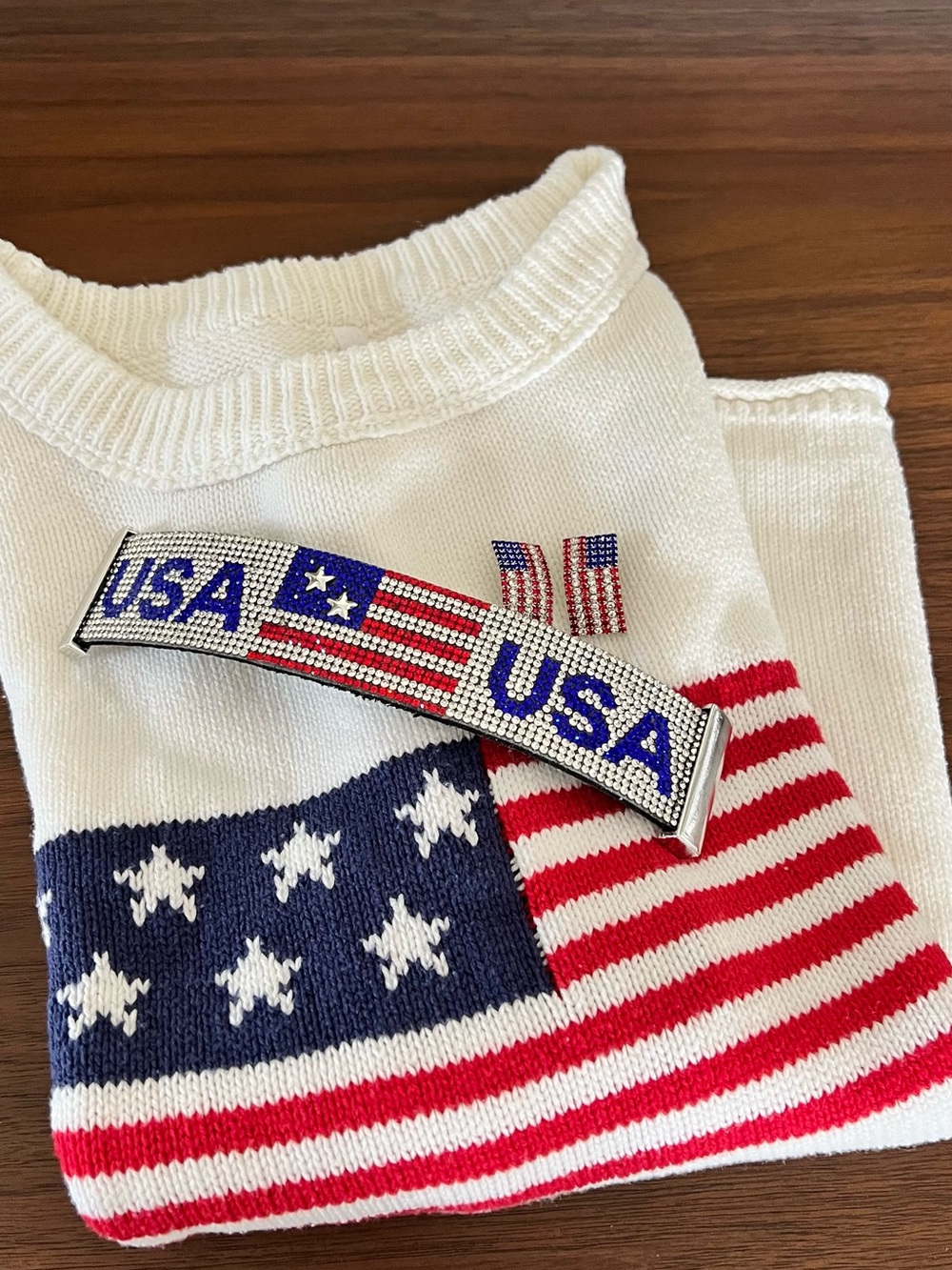 Patriotic USA Flag Knit Sweater with USA Earrings & Bracelet